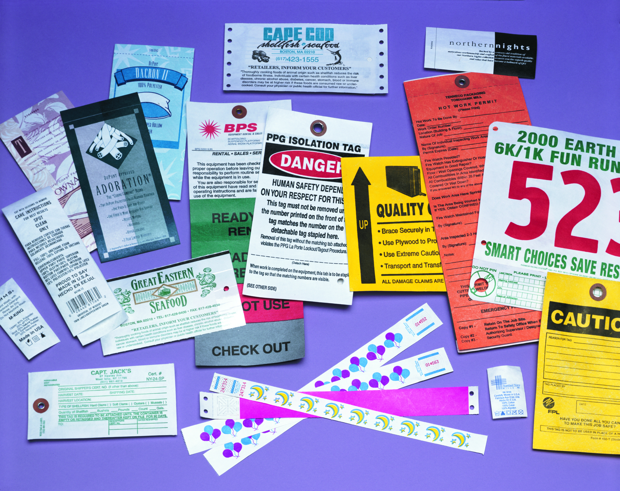 Various durable Tyvek tags and labels.